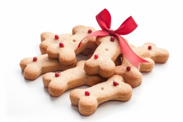 dog treats in bone shape with red bow on white background