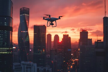 Drone filming city skyscrapers at sunset in ultra HD