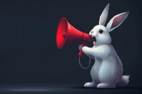 brave white rabbit with megaphone speaks out dark background courage and advocacy concept illustration