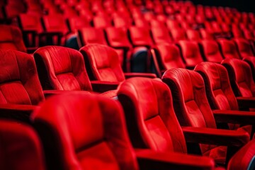 Empty red seats in theater with no audience Shallow focus