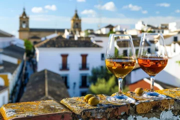Fotobehang Enjoying sherry wine and olives in an old Spanish town © The Big L