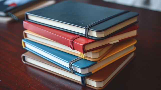 A stack of classic Moleskine journals with elastic closures, embodying simplicity and elegance.