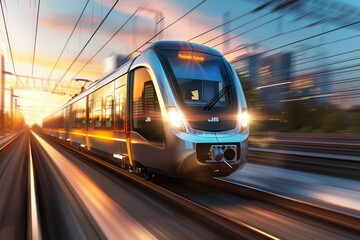 Fast moving electric train with bright lights - obrazy, fototapety, plakaty
