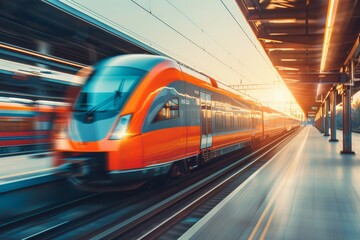 Fast orange train moving on railway platform at sunset Modern intercity train with motion blur effect in Europe Transport - obrazy, fototapety, plakaty