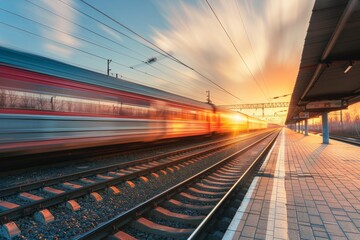 Fototapeta na wymiar Fast passenger train in Ukraine at sunset with motion blur effect