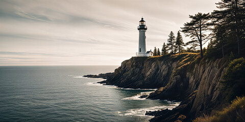 A picturesque coastal scene with a lighthouse perched on a rocky outcrop, overlooking the ocean under a cloudy sky.