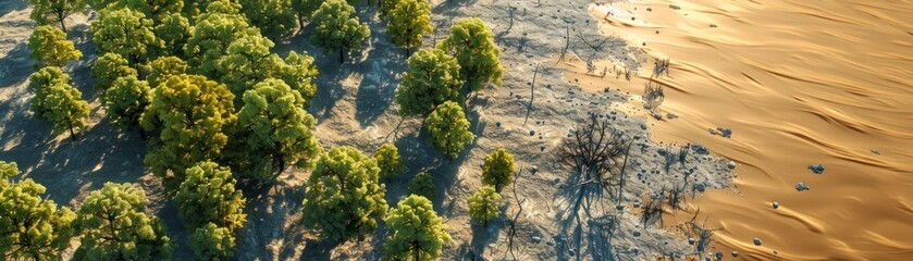 Forests turning to deserts, vividly portraying the shift from lush greenery to arid wastelands due to climate change. Green to grey - obrazy, fototapety, plakaty