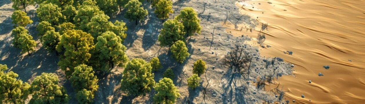 Forests turning to deserts, vividly portraying the shift from lush greenery to arid wastelands due to climate change. Green to grey