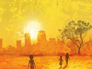 Children playing in a park that gradually turns into a barren, overheated landscape, showcasing the future stakes of climate inaction. A child's future at risk