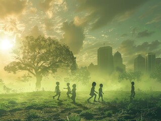 Children playing in a park that gradually turns into a barren, overheated landscape, showcasing the future stakes of climate inaction. A child's future at risk