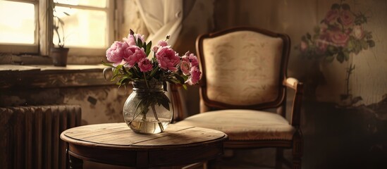 Pink flowers in a glass vase on a wooden table next to a small chair.