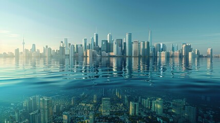 A cityscape with half submerged under water, illustrating the future impact of global warming on coastal cities, with a clear sky transitioning from day to night symbolizing time running out