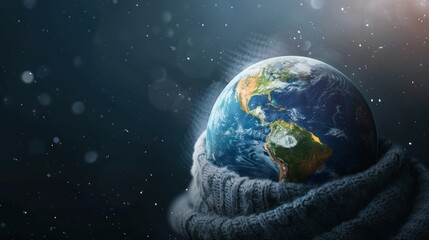 Obraz premium An illustration of Earth wrapped in a thick blanket, with the blanket labeled 'CO2', demonstrating the greenhouse effect trapping heat and causing global temperatures to rise