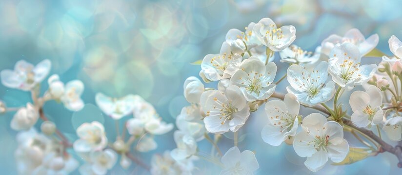 The blossoms of a lovely Bradford pear tree stand out in front of a softly blurred blue backdrop during the beautiful spring season.