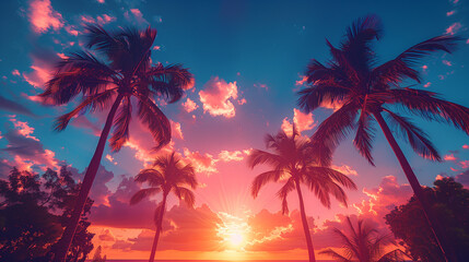 Towering Palms on the Tropical Beach tourism banner in boho colors. Holiday summer beach background. Exotic tourism destination summer vacation