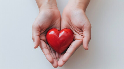 Cupped Hands Gently Holding a Glossy Red Heart, Symbolizing Care and Compassion on a Neutral Background