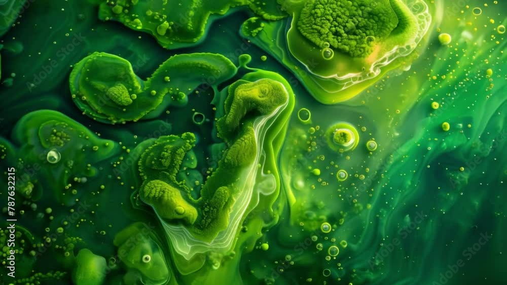 Poster a microscopic view of an algae bloom in a river where the water is completely obscured by a vibrant 