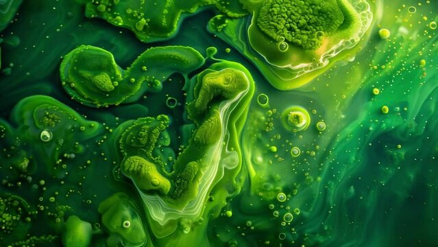 A microscopic view of an algae bloom in a river where the water is completely obscured by a vibrant green layer of microscopic algae . AI generation.