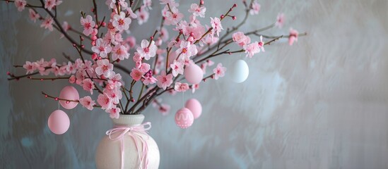 An Easter-themed tree featuring pink spring blossoms in a cream vase, adorned with pastel egg decorations attached with ribbon, set against a neutral gray background.