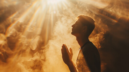 A man surrounded by mist and smoke praying. v1