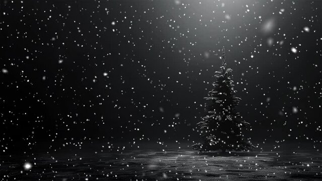 Christmas tree. Minimalistic background. Minimalistic style. Falling snowflakes. Falling snowflakes effect. Looped snow. Generative AI.