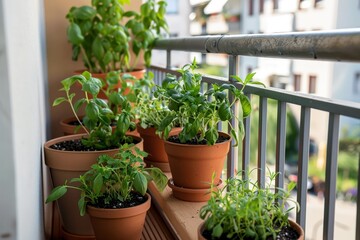 Fototapeta na wymiar Gardening herbs and veggies on balcony