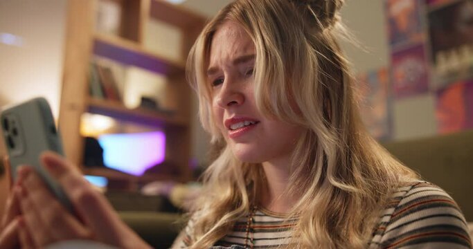 Phone, stress or woman in house confused by network error, glitch or 404 at home. Smartphone, fail or gen z person with anxiety, depression or overwhelmed by phishing, spam or social media bullying