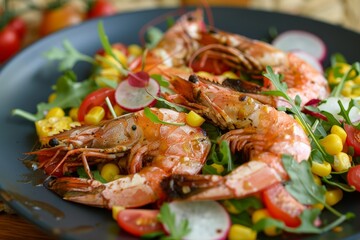 Grilled prawns with corn salad and tomatoes