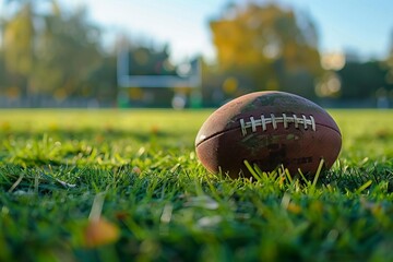 closeup of rugby ball on green grass field sports equipment photography