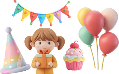A 3d cartoon illustration of child holding a gift with party decoration