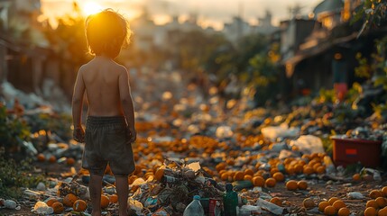A Young Boy Searching For Food In Garbage On The Street. (Urban Poverty)