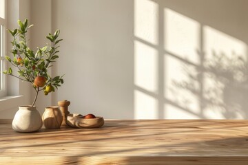 Bright wooden kitchen tabletop with natural light casting shadows and a plant with oranges.