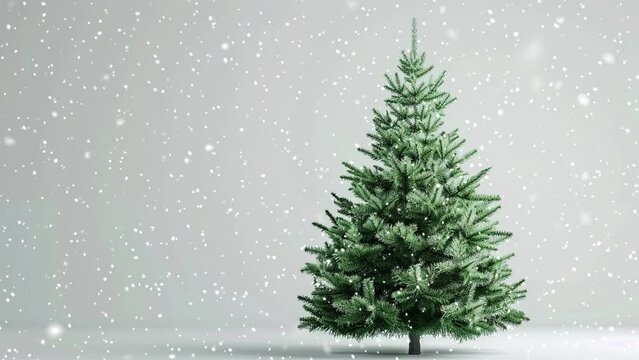 Christmas tree. Minimalistic background. Minimalistic style. Falling snowflakes. Falling snowflakes effect. Looped snow. Generative AI.