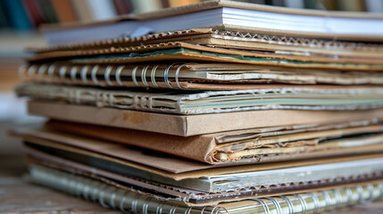 A stack of recycled cardboard notepads with spiral bindings. - obrazy, fototapety, plakaty