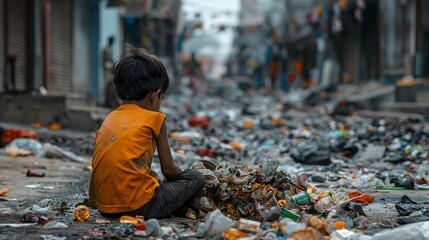 A Young Boy Searching For Food In Garbage On The Street. (Urban Poverty) - obrazy, fototapety, plakaty