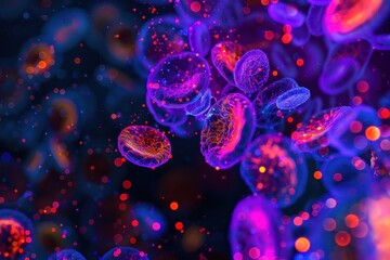 Fluorescent microscopy image of blood cells with bright colors on a dark background.