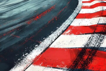 closeup view of asphalt racetrack with red and white curb digital painting - obrazy, fototapety, plakaty