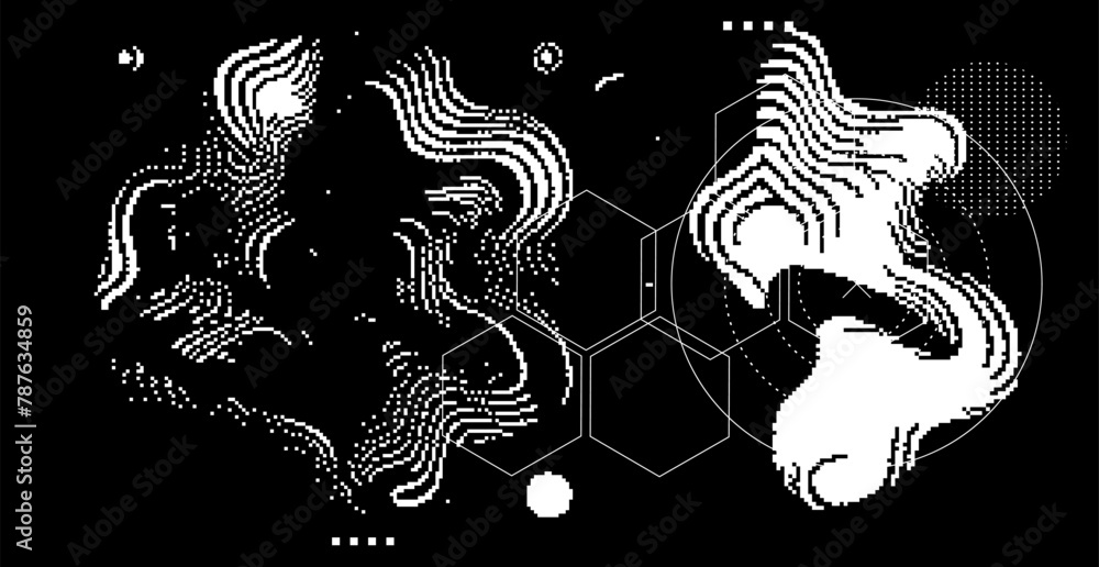 Poster Abstact grunge sci-fi background with geometic pixelated figures and patterns.