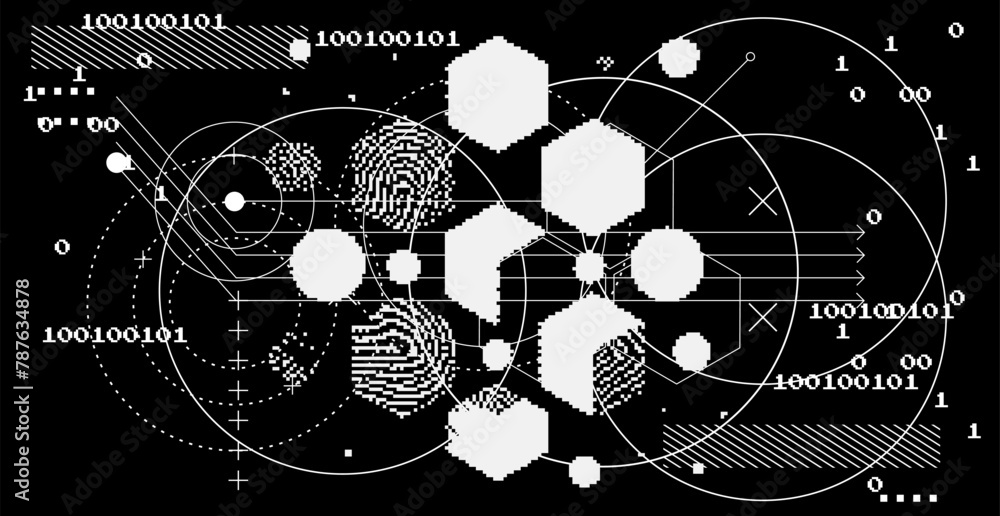Poster Abstact grunge sci-fi background with geometic pixelated figures and patterns.