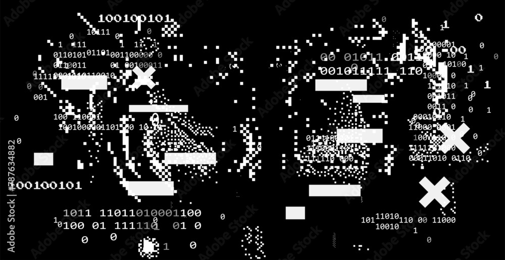 Poster futuristic hi-tech dark damaged screen with glitch noise. grunge abstract vector background.