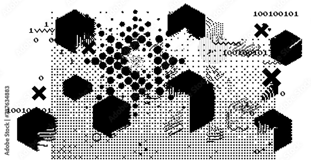 Fototapete abstact grunge sci-fi background with geometic pixelated figures and patterns.