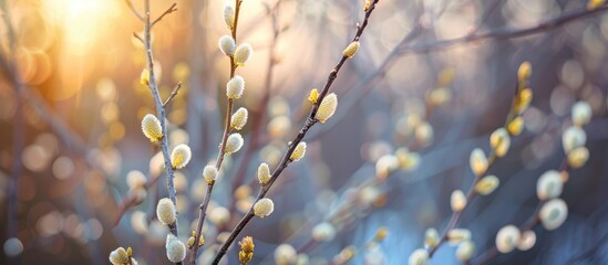 Willow branches with flowers blooming in spring. - obrazy, fototapety, plakaty