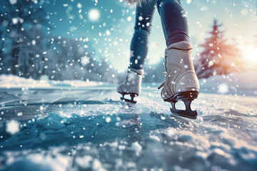 Close-Up of Ice Skates in Action During a Magical Winter Snowfall on Frozen Lake, Gliding on Ice