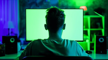 Man sitting in front of computer screen on which green and blue light is on, mockup
