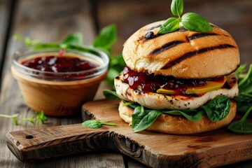 Homemade grilled chicken sandwich with mango Camembert cheese cranberry sauce spinach on cutting...