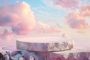 Stone podium tabletop floor in outdoor on sky pink gold pastel soft cloud blurred background.Beauty cosmetic product placement pedestal present promotion stand display - generative ai - obrazy, fototapety, plakaty