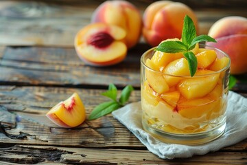 Naklejka na ściany i meble Homemade peach fruit dessert with fresh peach jam yogurt on wooden table