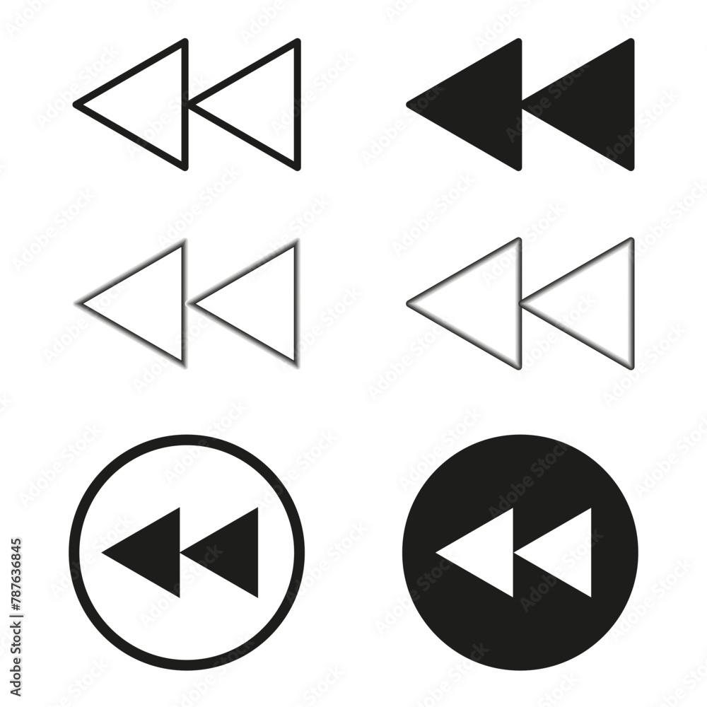 Poster set of black and white rewind symbols. media control icon collection. playback buttons design. vecto