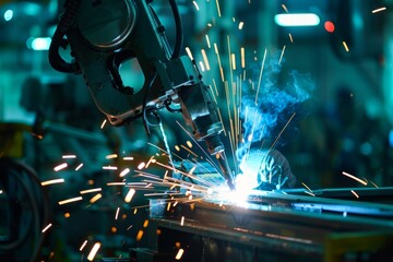 Industry4 0 concept Automotive welding robot in a smart factory with wireless technology