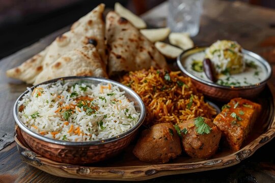 Indian food selection with pilau rice naan poppadoms and samosas popular in Europe